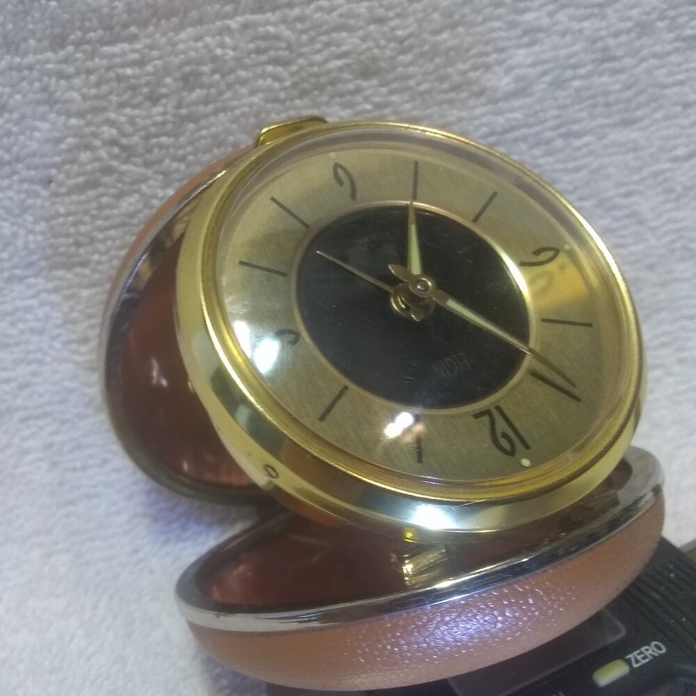 Elgin Wind Up Travel Alarm Clock Gold Case Dial Tri Fold Open Working Great !!!